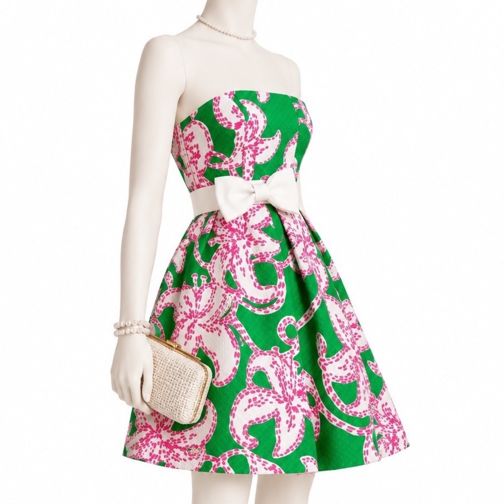 LILLY PULITZER Amberly Strapless Floral Bow Dress Green Pink White | Wonen's 2